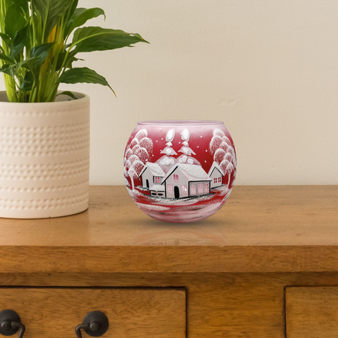 Red Ombre Glass Candle Holder, Hand Crafted in Ukraine, White Cabin Winter Wonderland, Wonderful Year Round