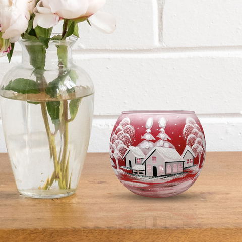 Red Ombre Glass Candle Holder, Hand Crafted in Ukraine, White Cabin Winter Wonderland, Wonderful Year Round