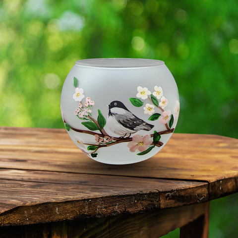 Large Frosted Glass Candle Holder, Hand Crafted in Ukraine, Chickadee, Wonderful Year Round