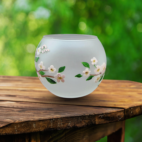 Large Frosted Glass Candle Holder, Hand Crafted in Ukraine, Chickadee, Wonderful Year Round