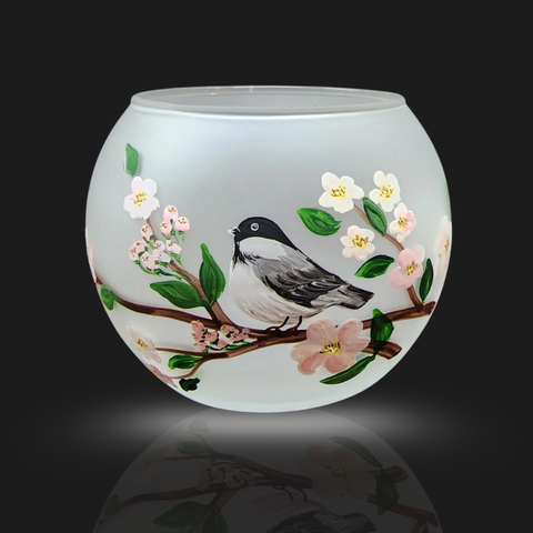 Large Frosted Glass Candle Holder, Hand Crafted in Ukraine, Chickadee, Wonderful Year Round