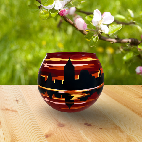 Red/Black Glass Candle Holder, Hand Crafted in Ukraine, Skyline Design, Wonderful Year Round