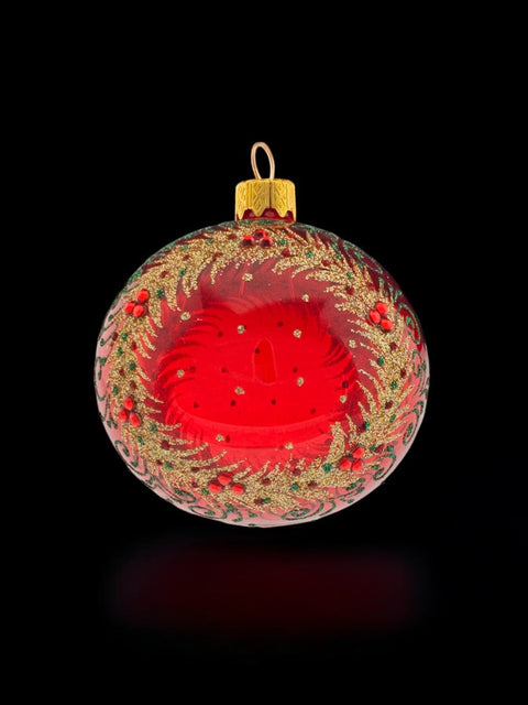 Red Blown Glass Ornament - Golden Wreath - Red & Gold Ornament - Hand Made In Ukraine - Hand Painted - Keepsake Ornament-Transparent Glass