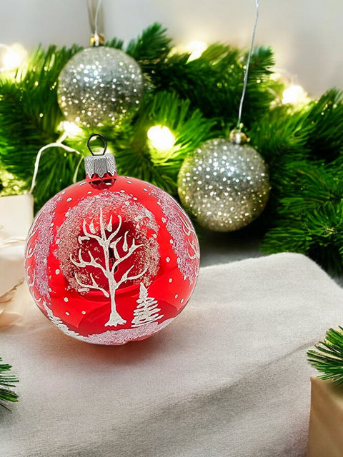 Blown Glass Ornament - Winter Trees- Red Glass Ornament - Hand Made In Ukraine - Hand Painted - Keepsake Ornament - Shiny Red Ornament