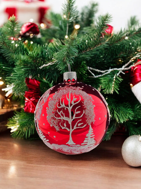 Blown Glass Ornament - Winter Trees- Red Glass Ornament - Hand Made In Ukraine - Hand Painted - Keepsake Ornament - Shiny Red Ornament