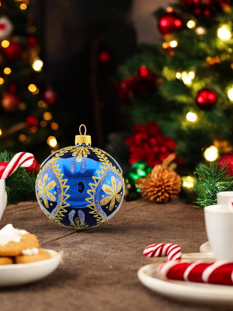 Blue Blown Glass Ornament - Handcrafted - Blue & Gold Modern Design