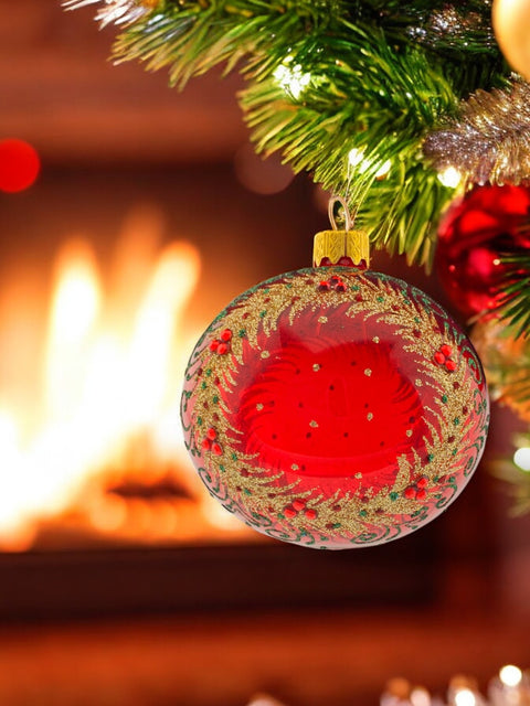 Red Blown Glass Ornament - Golden Wreath - Red & Gold Ornament - Hand Made In Ukraine - Hand Painted - Keepsake Ornament-Transparent Glass