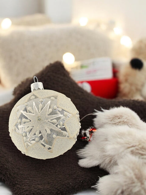 Frosted Snowflake Blown Glass Ornament, Modern Design and Crafted in Ukraine, Individually Box, Keep Sake Ornament