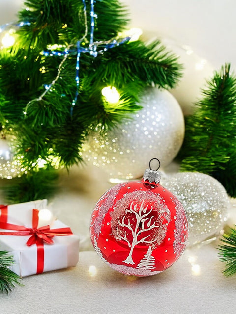 Blown Glass Ornament - Winter Trees- Red Glass Ornament - Hand Made In Ukraine - Hand Painted - Keepsake Ornament - Shiny Red Ornament