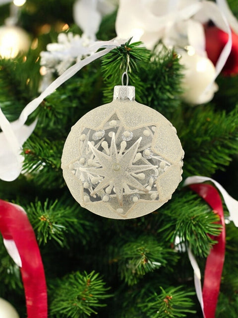 Frosted Snowflake Blown Glass Ornament, Modern Design and Crafted in Ukraine, Individually Box, Keep Sake Ornament