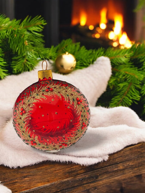 Red Blown Glass Ornament - Golden Wreath - Red & Gold Ornament - Hand Made In Ukraine - Hand Painted - Keepsake Ornament-Transparent Glass
