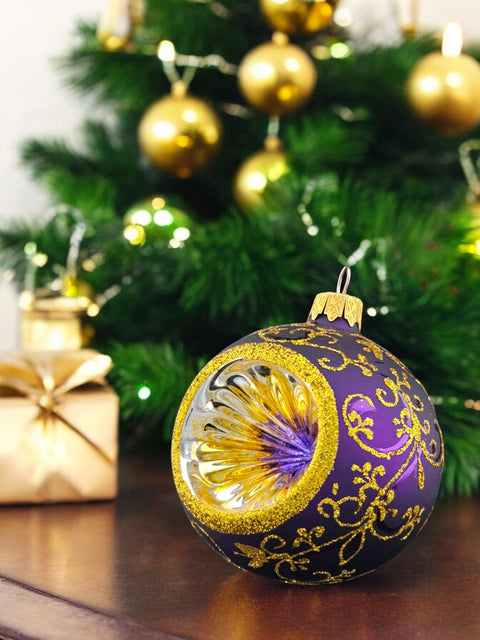 Purple Blown Glass Ornament - Handcrafted - Purple & Gold Design