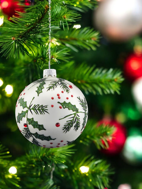 Silver Blown Glass Ornament - Handcrafted - Silver Holly Leaves Design