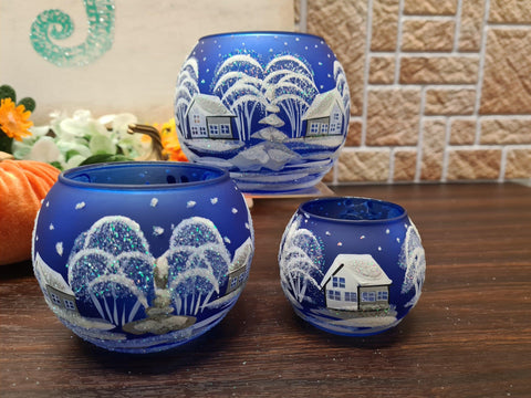 Small Blue Glass Candle Holder, Hand Crafted in Ukraine, White Church Winter Wonderland, Wonderful Year Round