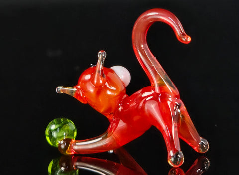 Red Glass Cat N Ball Figurine, Handmade Murano Quality Design - Small