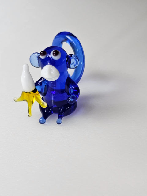 Blue Glass Monkey W Banana Figurine, Handmade Murano Quality Design - Small