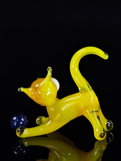 Yellow Glass Cat N Ball Figurine, Hand Made Murano Quality Design - Small