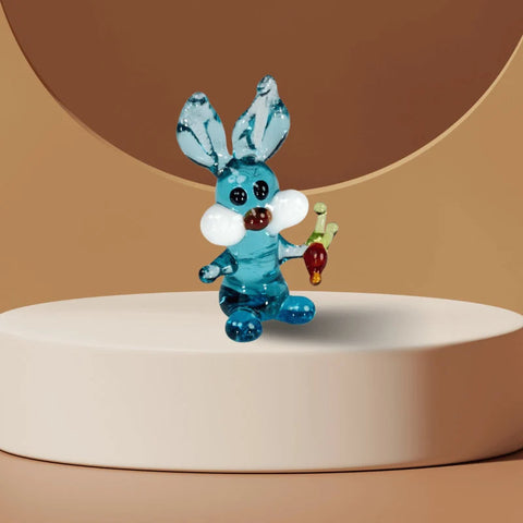 Light Blue Glass Rabbit W Carrot Figurine, Handmade Murano Quality Design - Small