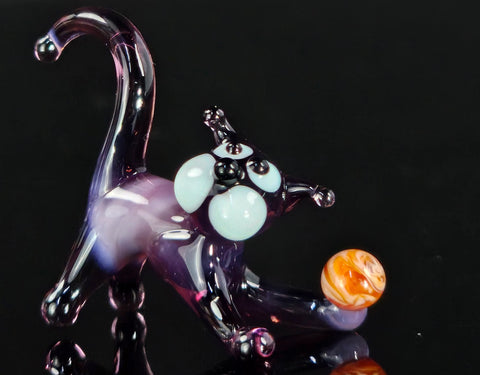 Purple Glass Cat N Ball Figurine, Handmade Quality Design - Small