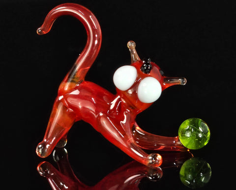 Red Glass Cat N Ball Figurine, Handmade Murano Quality Design - Small