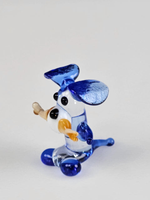 Blue Glass Dog W Bone Figurine, Handmade Murano Quality Design - Small