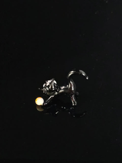 Black Glass Cat N Ball Figurine, Handmade Murano Quality Design - Small