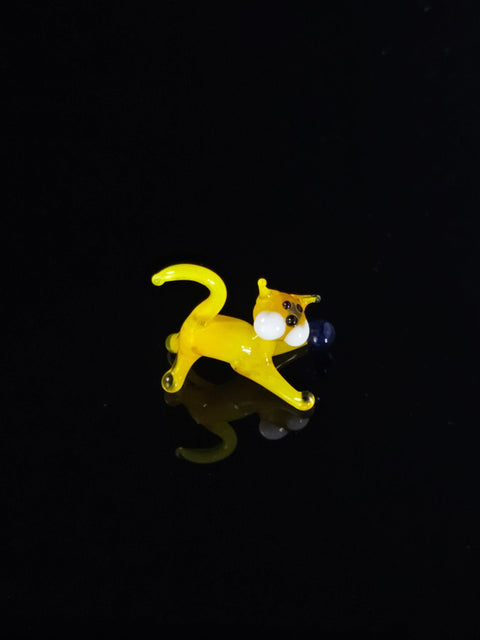 Yellow Glass Cat N Ball Figurine, Hand Made Murano Quality Design - Small