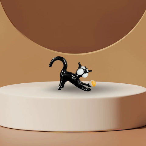 Black Glass Cat N Ball Figurine, Handmade Murano Quality Design - Small