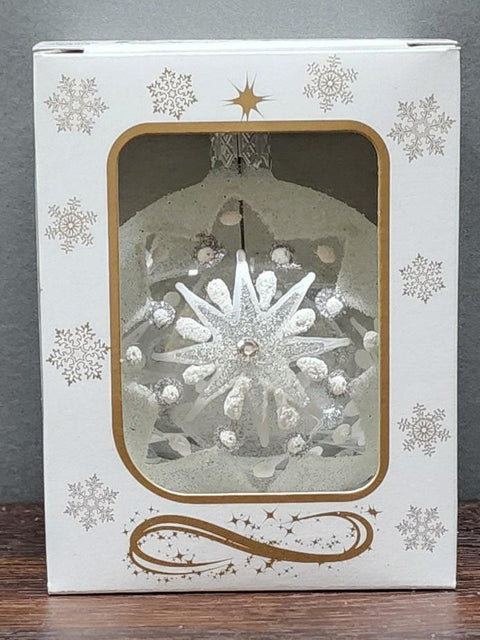 Frosted Snowflake Blown Glass Ornament, Modern Design and Crafted in Ukraine, Individually Box, Keep Sake Ornament