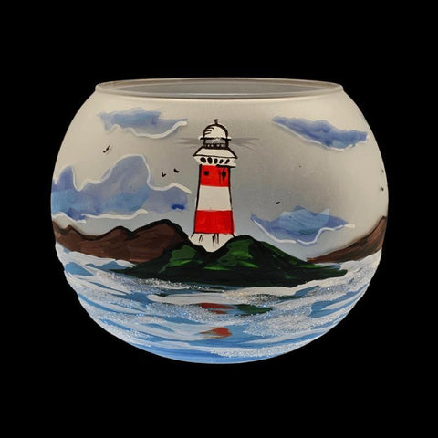 Large Frosted Glass Candle Holder, Hand Crafted in Ukraine, Lighthouse and Sailboat Design, Wonderful Year Round