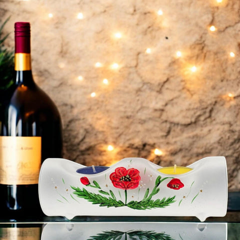 Frosted Glass Double Candle Holder - Poppy Flower
