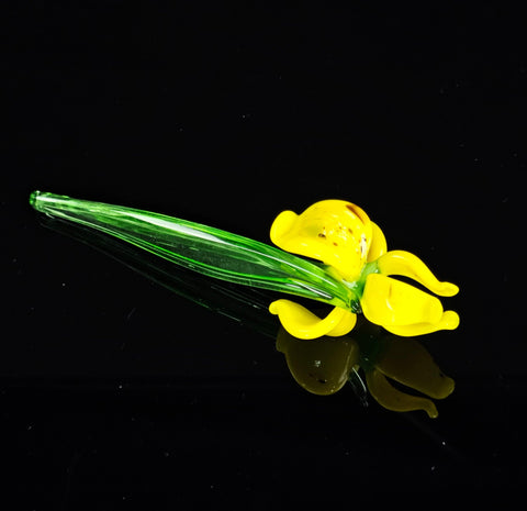 a yellow flower sitting on top of a black surface