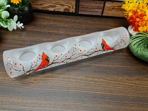 Frosted Glass Quad Candle Holder, Hand Crafted in Ukraine, Cardinal, Wonderful Year Round