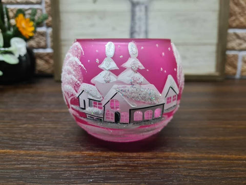 Pink Glass Candle Holder - White Cabins - Multiple Sizes