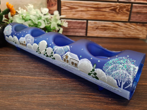 Blue Glass Quad Candle Holder  - White Church Yule Log Style