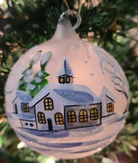 Frosted Blown Glass Ornament - Handcrafted - White Church Design