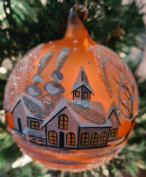 Orange Blown Glass Ornament - Handcrafted - White Church Design