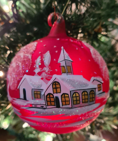 Red Blown Glass Ornament - Handcrafted - White Church Design