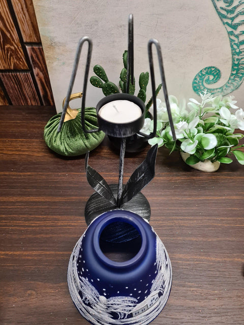 Blue Glass Lamp Candle Holder -  White Cabins