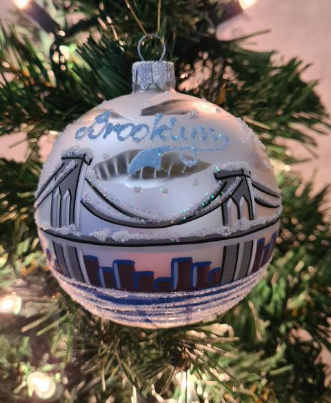 Silver Blown Glass Ornament - Handcrafted - Brooklyn Bridge Design