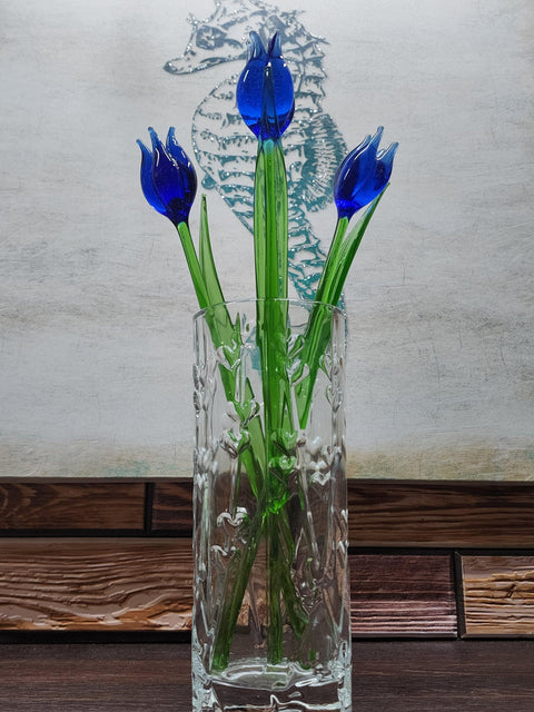 Blue Glass Tulip, Handcrafted Glass Flower, Hand Made In Ukraine Using Murano Quality Glass, Great Gift For Flower Lovers, 12 Inch Tulip