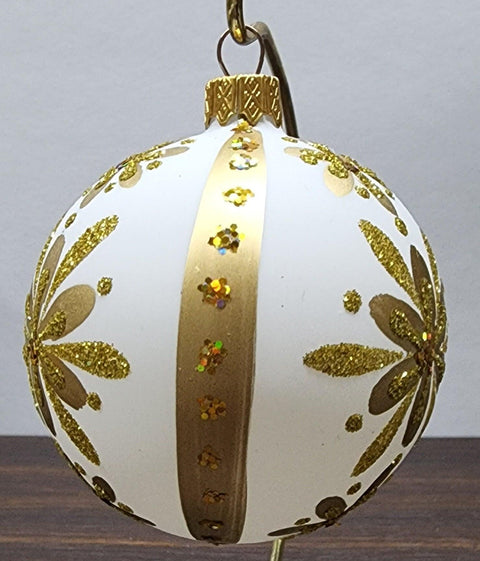 Gold Blown Glass Ornament - Handcrafted - White Finish Design