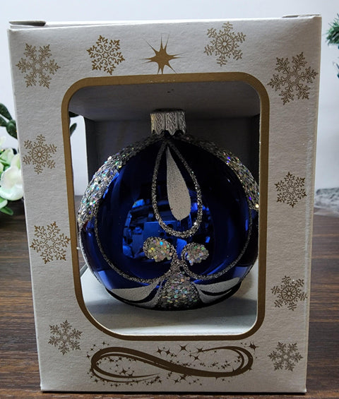 Blue Blown Glass Ornament - Handcrafted - Bumble Bee Design