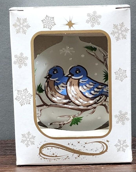 Frosted Blown Glass Ornament - Handcrafted -  Birds On Branch Design