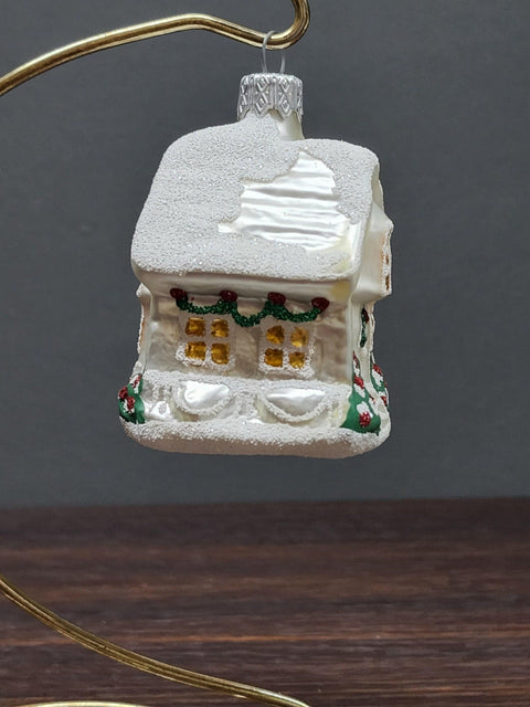 Hand Decorated Glass Keepsake Ornament - Charming Silver House Design