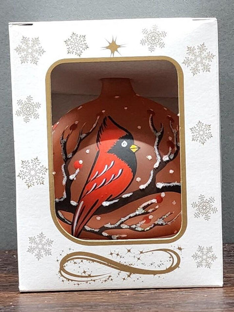 Orange Blown Glass Ornament - Handcrafted - Red Cardinal Design