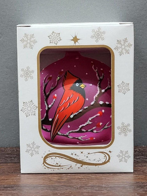 Pink Blown Glass Cardinal Ornament - Handcrafted - Red Cardinal Design