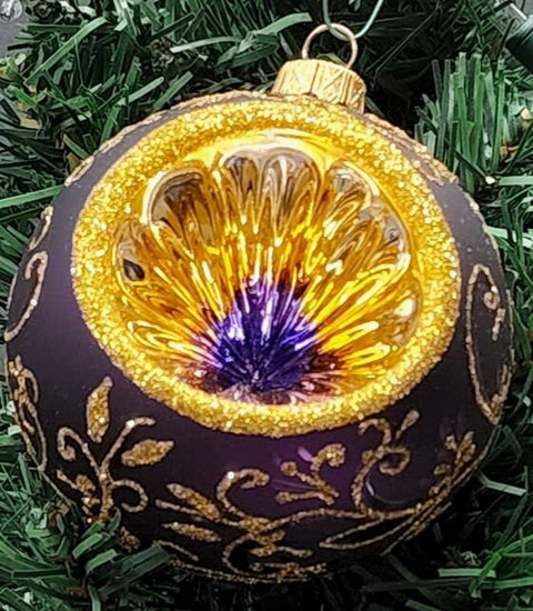 Purple Blown Glass Ornament - Handcrafted - Purple & Gold Design