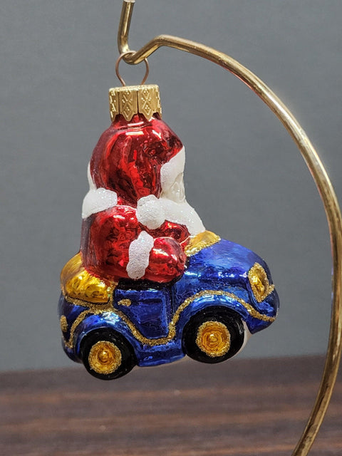 Hand Decorated Glass Keepsake Ornament - Charming Santa In A Car Design