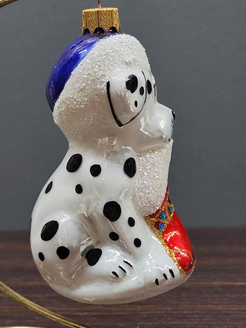 Hand Decorated Glass Keepsake Ornament - Dalmatian With Stocking Design